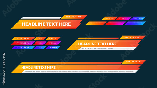 Lower third yellow mix oranges template. Set of TV banners and bars for news and sport channels, streaming and broadcasting. Collection of lower third for video editing on transparent background.