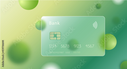 Transparent bank green card. Glass credit card with abstract green and white circles vector illustration with soft matte transparency effect.