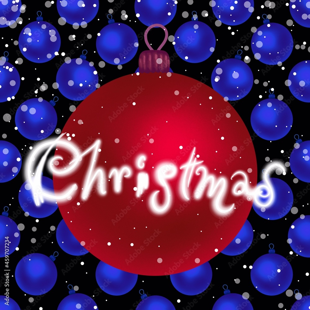 Naklejka premium Red Christmas ball, lettering on a black background.