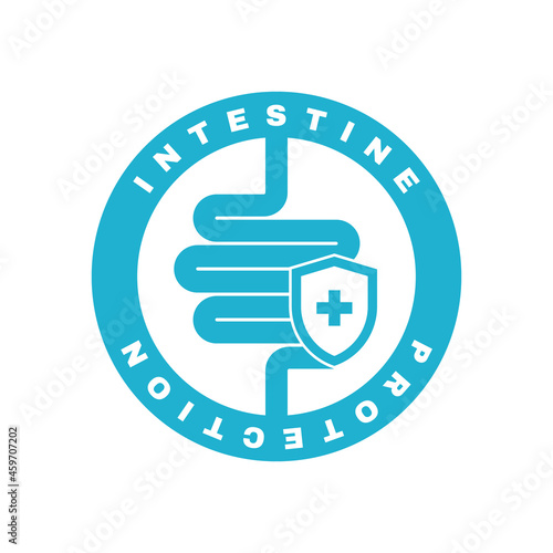 Healthy protected intestine, logo with protect shield. Digestive system protection symbol concept. Vector illustration