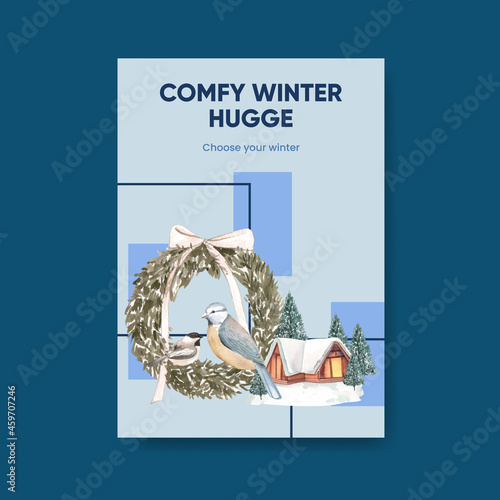 Poster template with winter hugge concept,watercolor style