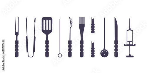 SVG. BBQ, grill, barbecue accessories, utensils, tools, equipment. Cutlery. Vector for plotter. Flat isolated vector illustration. Thermometer, meat Injector, claws, fork, tongs, spatula, skewer, knif