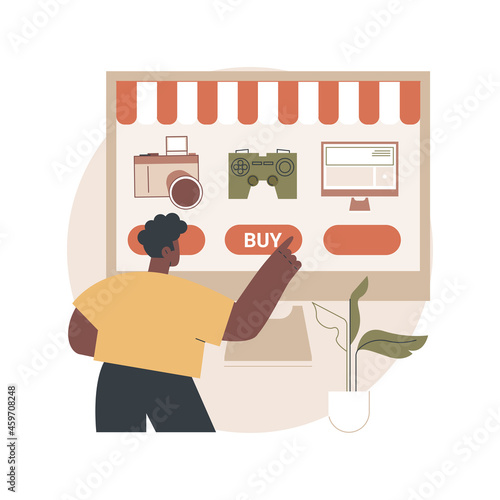 Online flea market abstract concept vector illustration. Online vintage marketplace, digital flea auction, used good ecommerce platform, second hand trade, antique internet shop abstract metaphor.