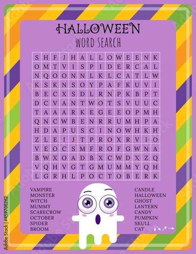  Halloween word search puzzle. October crossword game. Printable worksheet for learning English words. Autumn theme. Find 16 hidden words. Party card. Vector illustration of ghost character. 