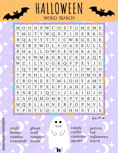 Halloween word search puzzle. October crossword game. Printable worksheet for learning English words. Autumn theme. Find 16 hidden words. Party card. Vector illustration of ghost character. 