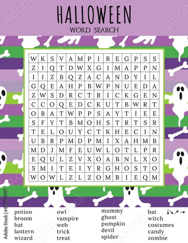 Happy Halloween word search puzzle. October crossword game. Printable worksheet for learning English words. Autumn theme. Find 20 hidden words. Vector illustration. Pattern with ghosts character. 