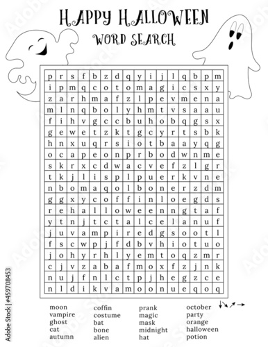 Happy Halloween word search puzzle. October crossword game. Printable worksheet for learning English words. Autumn theme. Black and white simple vector illustration. Ghosts character. 