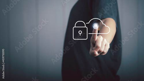 Cloud security technology protection concept. Finger scan Cloud with Padlock icon,  Upload backup data on the cloud keep for privacy database.