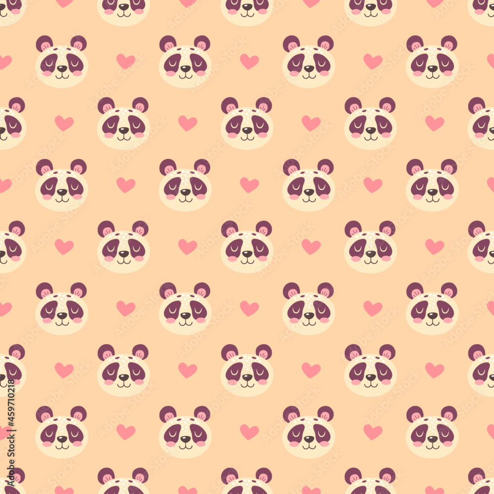 Fototapeta premium Seamless pattern with cute bears and pandas and hearts isolated on pink background