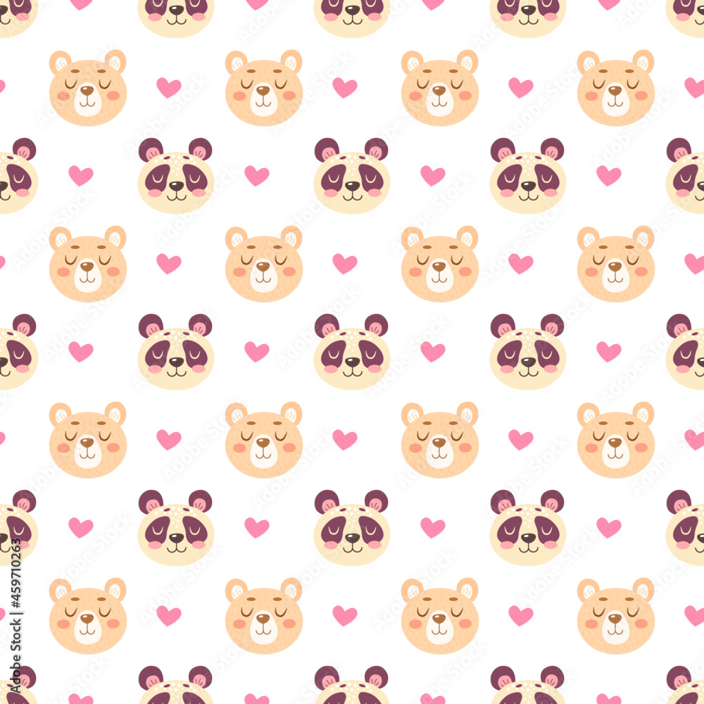 Seamless pattern with cute bears and pandas and hearts isolated on white background Seamless pattern with cute bears and pandas and hearts isolated on white background