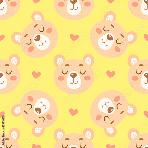 Seamless pattern with cute cartoon bears and hearts isolated on yellow background