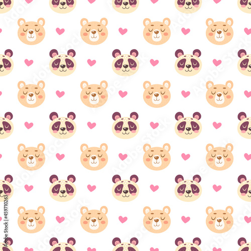 Seamless pattern with cute bears and pandas and hearts isolated on white background