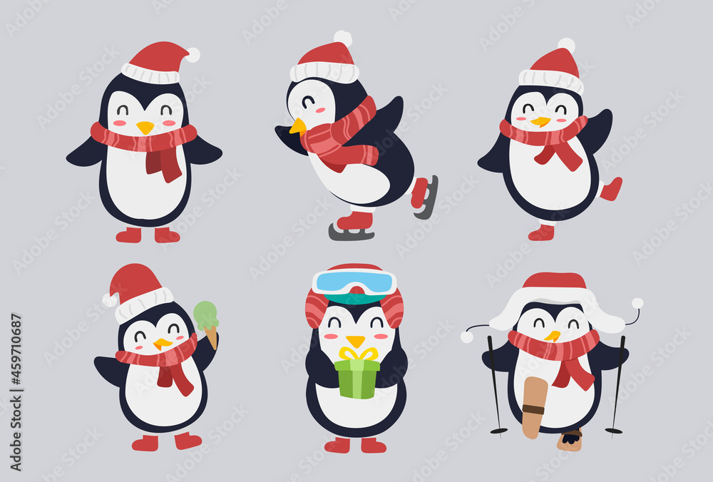 Set of cute penguin character design. Happy and Funny bird cartoon for Christmas with gift, skate and decorative elements. Winter animal vector illustration