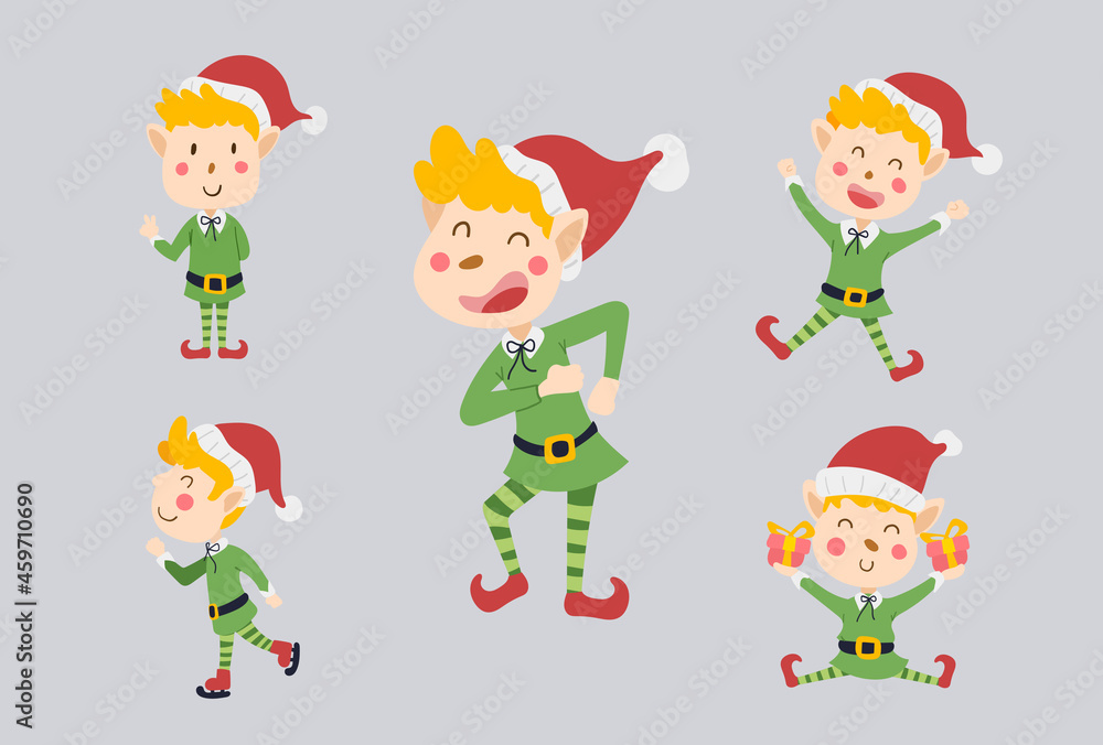 Set of Cute Elf characters design. Funny and Happy cartoon kid elves with gift, skate, and decorative elements vector illustration