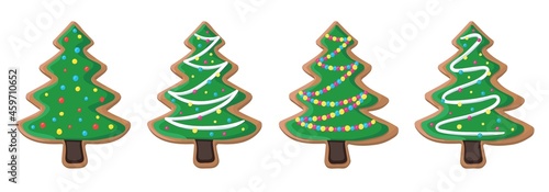 A set of four gingerbread cookies in the shape of a Christmas tree. Vector illustration.