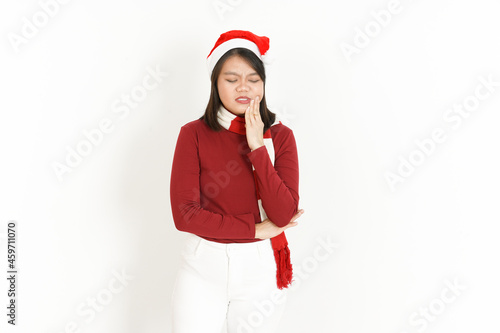 Get Toothache Beautiful Asian Woman Wearing Red Turtleneck and Santa Hat Isolated On White Background