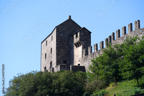 Unesco world heritage castle Castelgrande at City of Bellinzona, Canton Ticino, on a sunny late summer morning. Photo taken September 11th, 2021, Bellinzona, Switzerland.