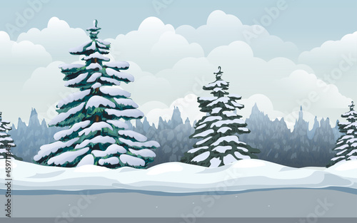 Winter landscape seamless forest background. cartoon illustration of cold winter sunny day outdoor. cold season nature scene with snowy spruce, evergreen coniferous forest, snow drifts and road.