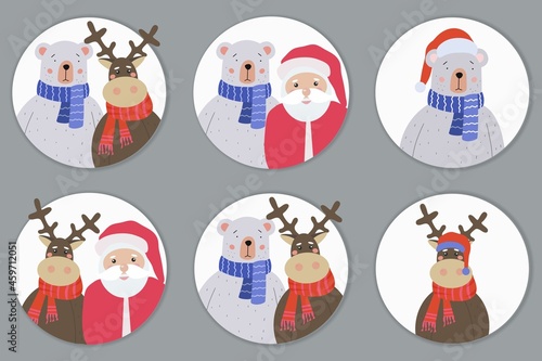A set of greeting cards for Merry Christmas and Happy New Year. Teddy Bear, Reindeer and Sanja Claus. Holiday vector illustration photo