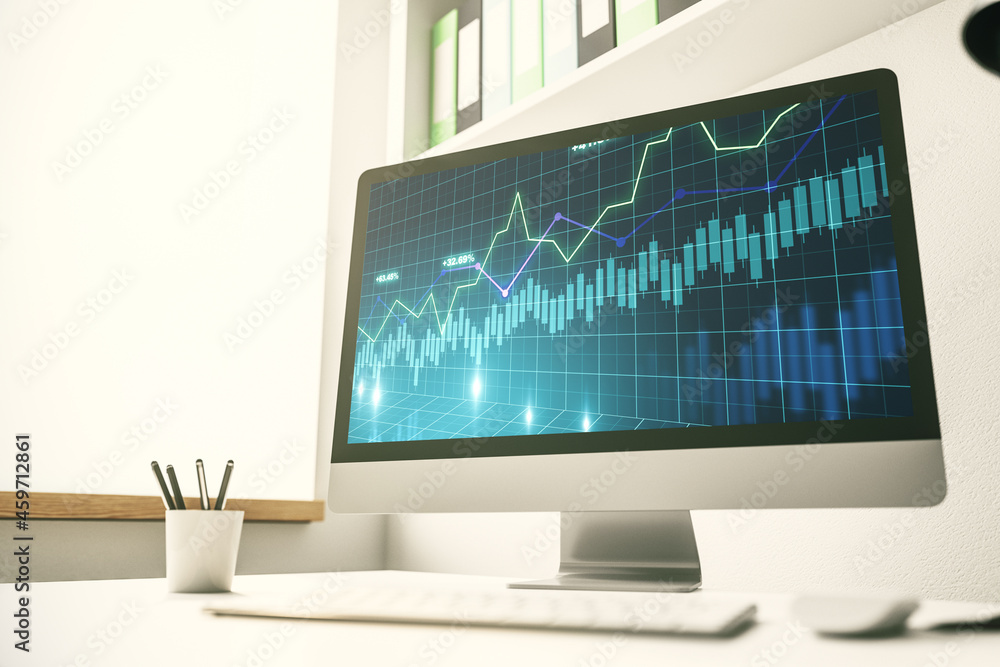 Modern computer screen with abstract creative financial chart, research and analytics concept. 3D Rendering