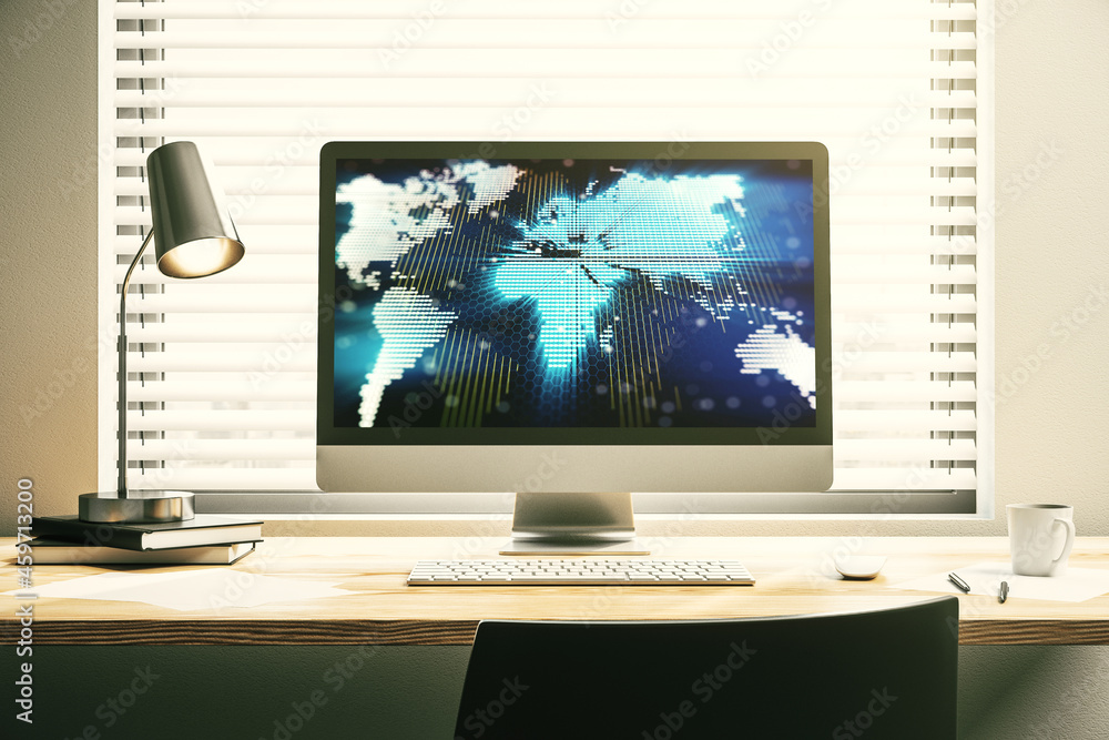 Modern computer display with abstract graphic world map, big data and networking concept. 3D Rendering Modern computer display with abstract graphic world map, big data and networking concept. 3D Rendering