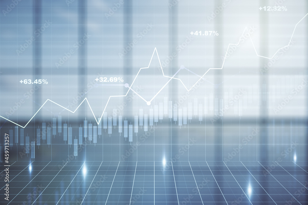 Double exposure of virtual creative financial diagram on empty room interior background, banking and accounting concept Double exposure of virtual creative financial diagram on empty room interior background, banking and accounting concept