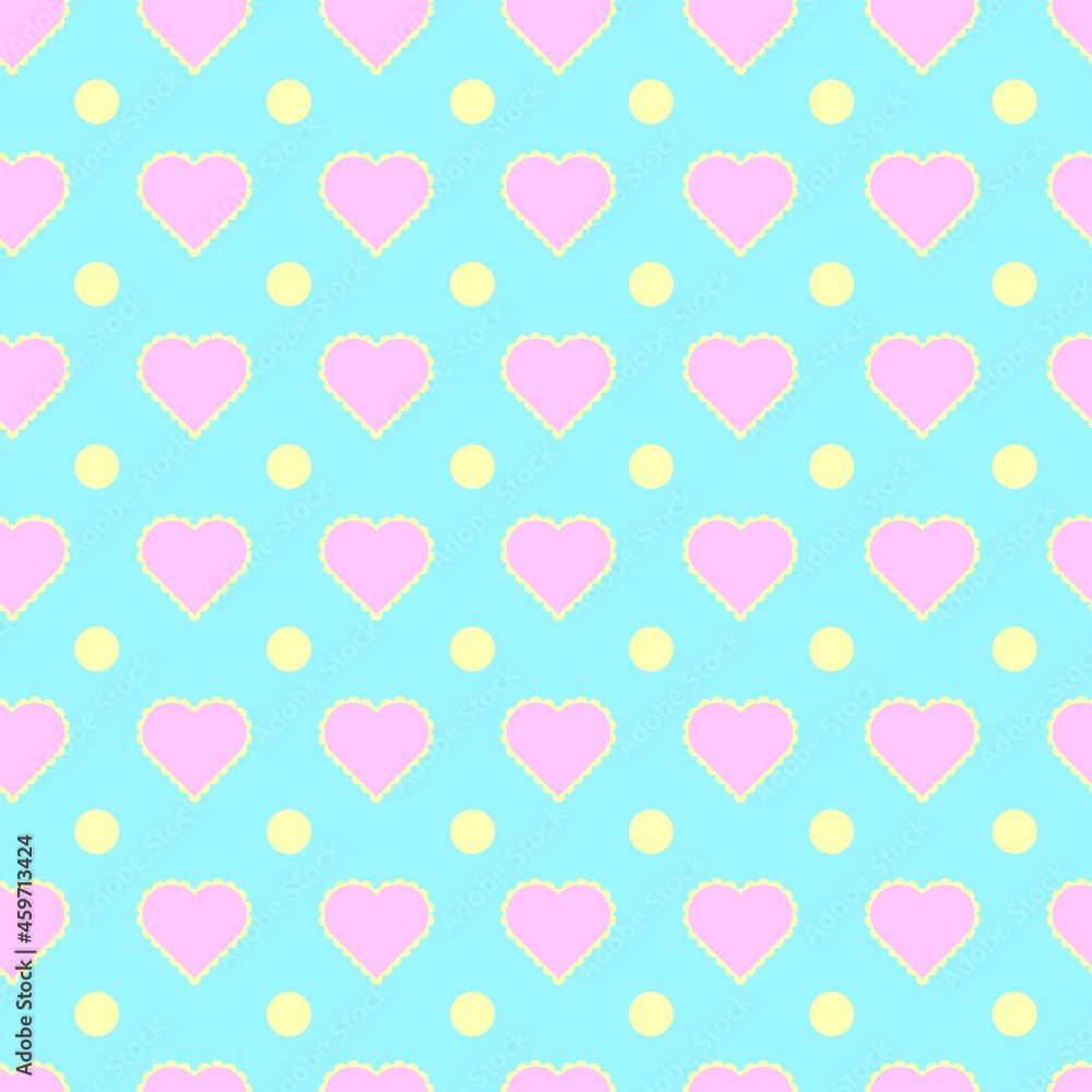 Pink hearts with rounded strokes and yellow circles on a blue background. Vector seamless pattern in bright colors.