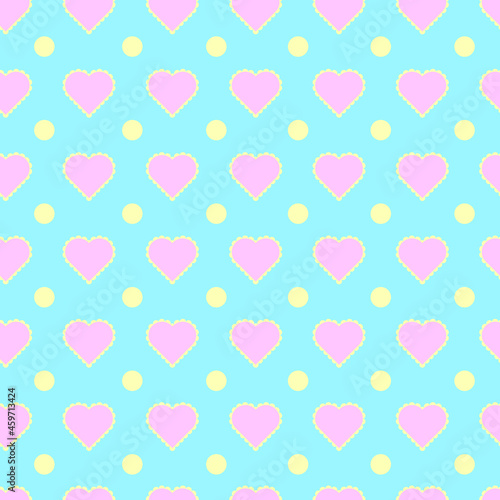 Pink hearts with rounded strokes and yellow circles on a blue background. Vector seamless pattern in bright colors.