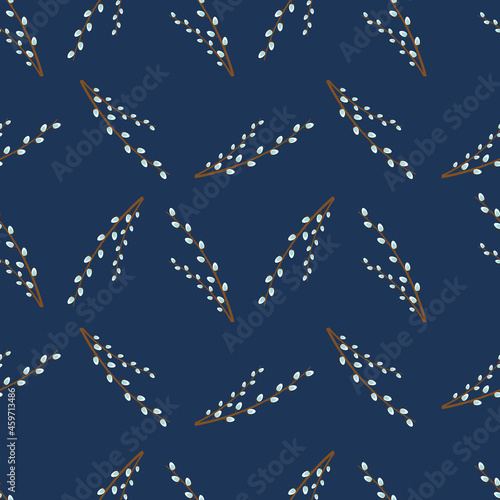 Willow branches seamless pattern on dark blue background. Elegant backdrop.