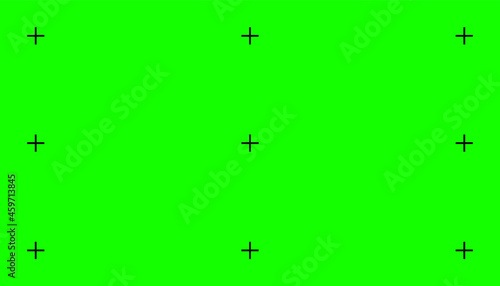 Chroma key, blank green background with motion tracking points. Visual effects compositing. Screen backdrop template. Vector illustration.