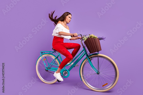 Profile photo of tense confident lady drive bicycle wear white blouse pants isolated violet color background © deagreez