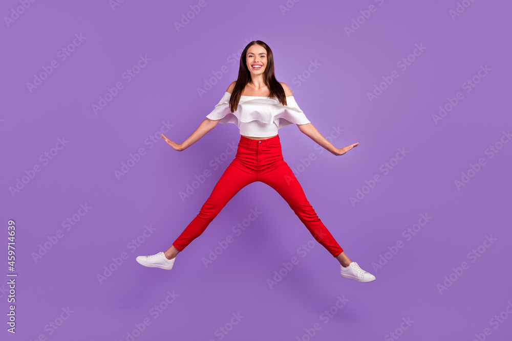 Profile photo of sporty carefree dream lady jump run wear white blouse pants sneakers isolated purple color background