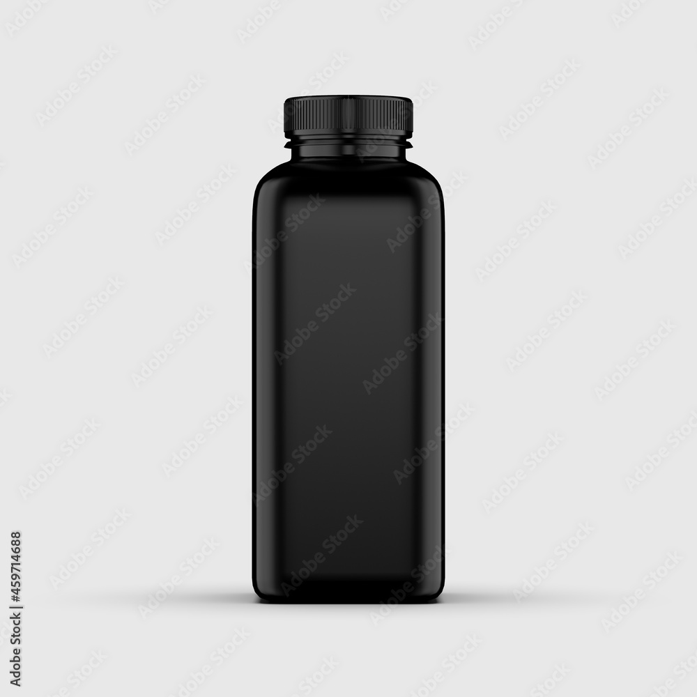 Realistic plastic black bottle square 3D rendering object isolated with white background