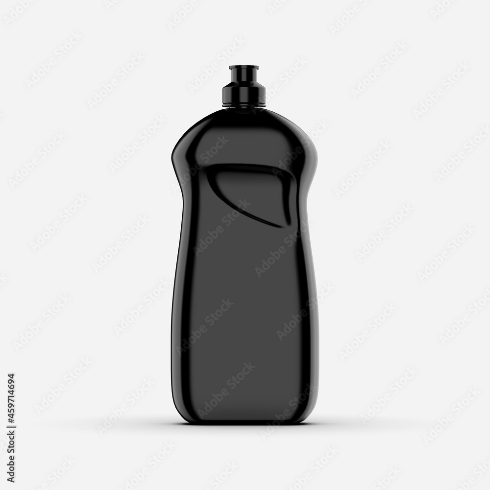 Realistic plastic black bottle washing 3D rendering object isolated with white background Realistic plastic black bottle washing 3D rendering object isolated with white background