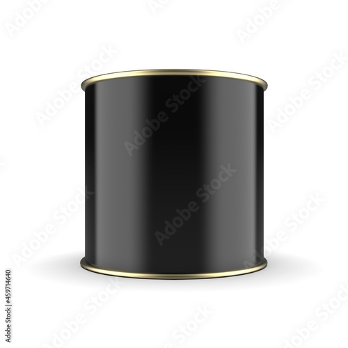 Realistic tin can black 3D rendering object metalic lid isolated with white background