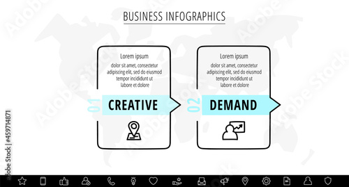 Line vector infographics with 2 rectangles. Square chart process template with arrows. Modern timeline for company or corporate business project, presentation, web, diagram, content