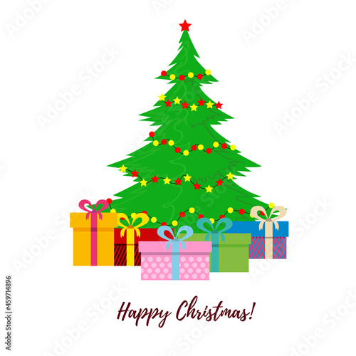 Christmas tree with colorful garlands and presents on a white background for New Year, Christmas, greeting card