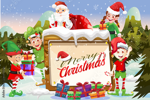 Merry Christmas greeting card Cartoon scene with Santa Claus and elves winter time