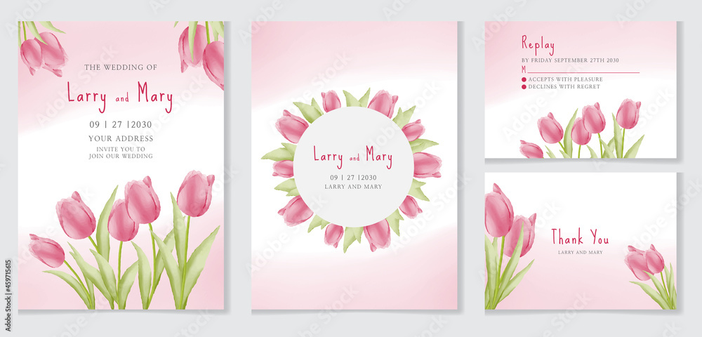 watercolor Wedding invitation card set with beautiful tulip flower