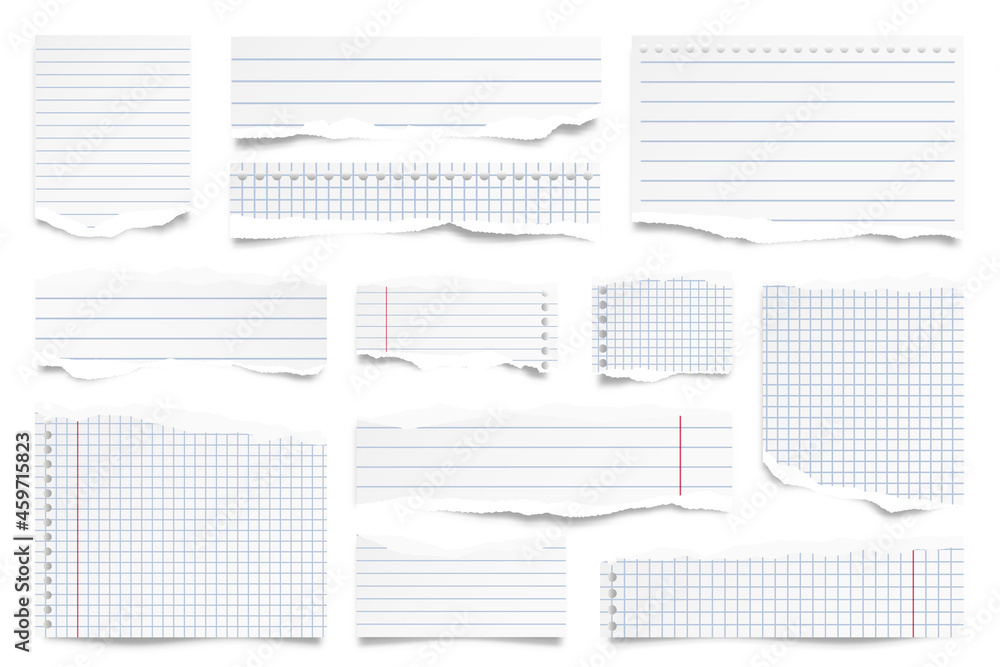 Paper Strips Ripped Notebook Ripped paper strips isolated on white background. Realistic lined paper ...