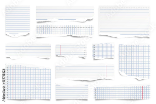 Ripped paper strips isolated on white background. Realistic lined paper scraps with torn edges. Sticky notes, shreds of notebook pages. Vector illustration.