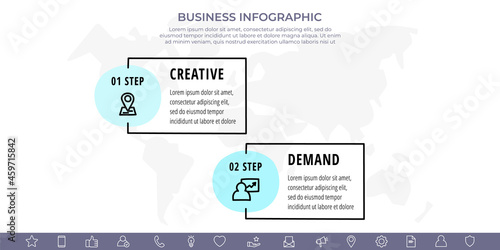 Business vector infographics with two rectangles and circles. Timeline visualization with 2 steps and squares for diagram, flowchart, banner, presentations, web, content, levels, chart, graphic