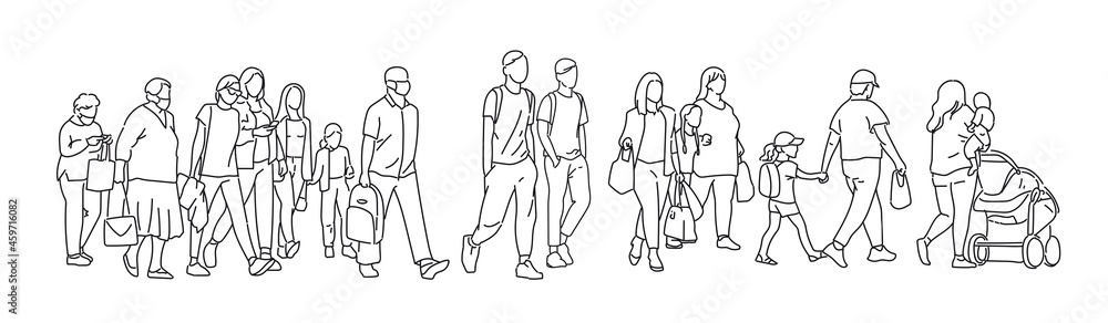One line drawing of urban residents walking on city street. Group of different people walking city background. Casual townspeople crosses the road in one way hand drawn vector illustration One line drawing of urban residents walking on city street. Group of different people walking city background. Casual townspeople crosses the road in one way hand drawn vector illustration