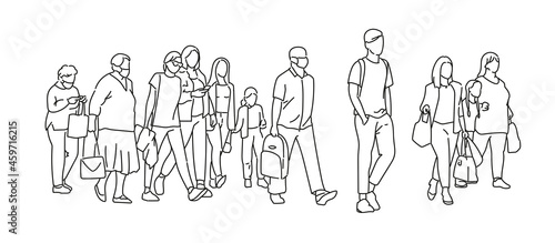 One line drawing of urban residents walking on city street. Group of different people walking city background. Casual townspeople crosses the road in one way hand drawn vector illustration