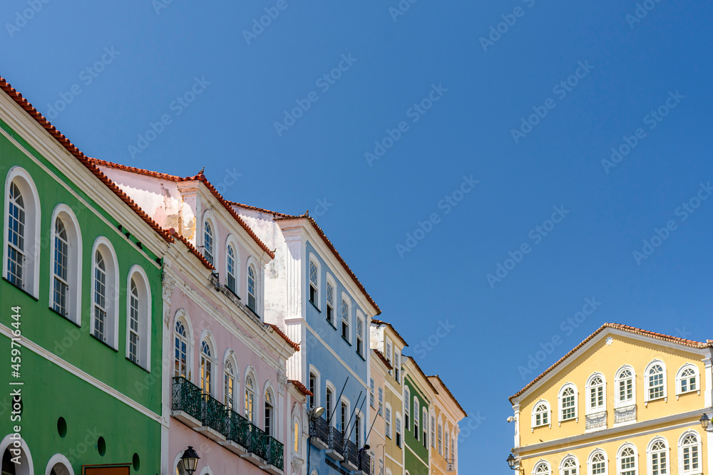 Facade of old colored colonial-style houses in the famous Pelourinho district in the city of Salvador, Bahia