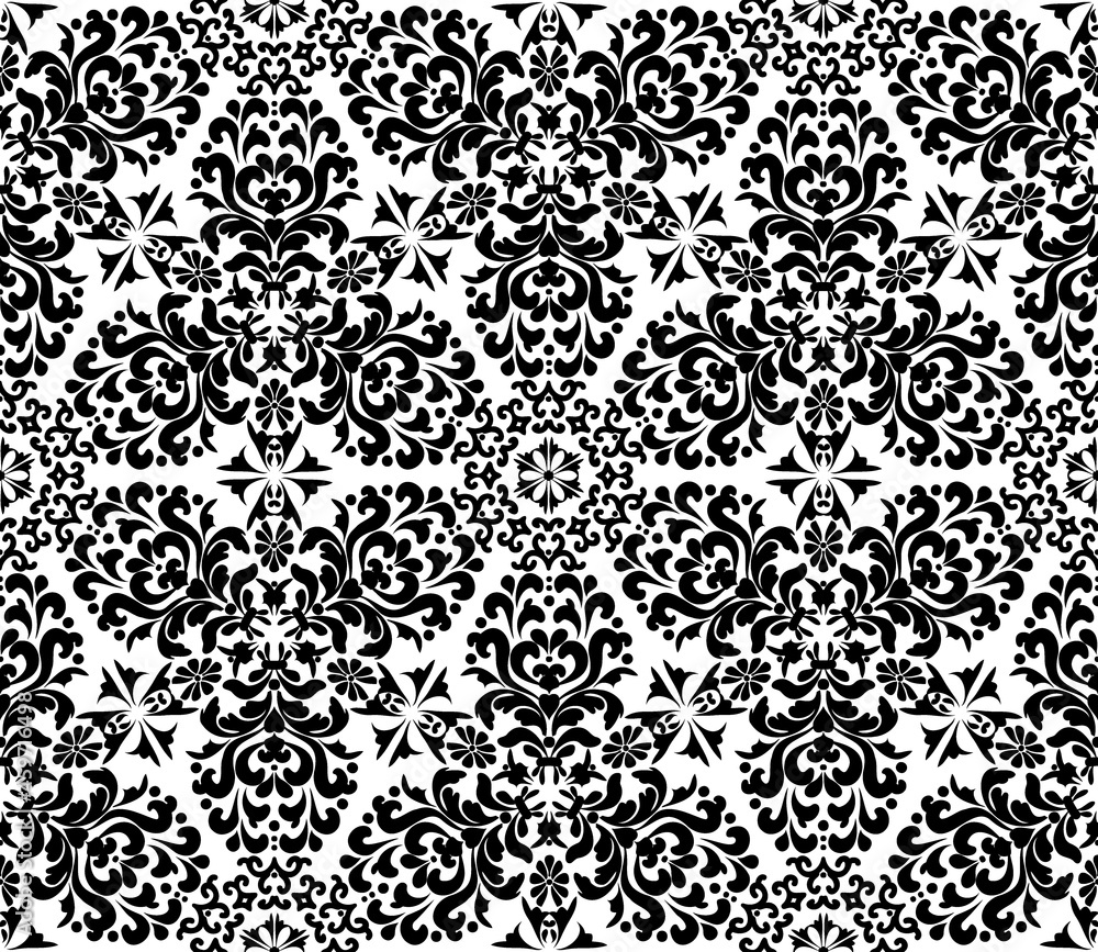 Rich damask ornament seamless pattern. Black and white. Decorative texture. Mehndi patterns. For fabric, wallpaper, venetian pattern,textile, packaging. Rich damask ornament seamless pattern. Black and white. Decorative texture. Mehndi patterns. For fabric, wallpaper, venetian pattern,textile, packaging.