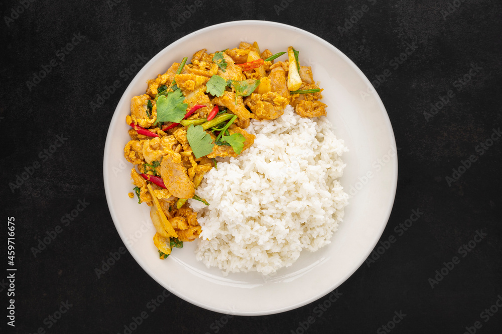 Stir Fried Chicken with Curry Powder beside Steamed Rice in simply white ceramic plate on dark tone texture background, top view, Gai Pad Pong Karee, Thai food Stir Fried Chicken with Curry Powder beside Steamed Rice in simply white ceramic plate on dark tone texture background, top view, Gai Pad Pong Karee, Thai food