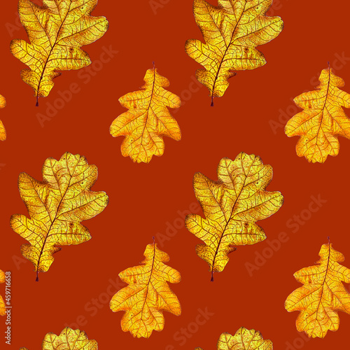 Seamless pattern of oak leaves drawn by markers on brick background. For fabric  sketchbook  wallpaper  wrapping paper.