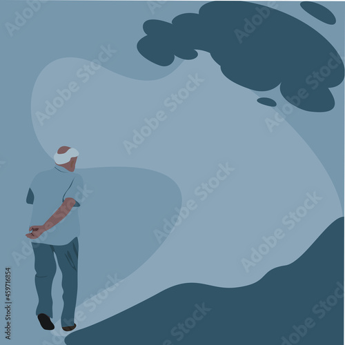 Back side of Lonely old man is walking alone to bowing down.The concept of support and care for older people under the concept of abandoned,lonely .Vector flat isolated on a dark blue background