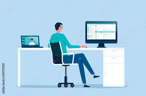 flat vector businessman working from home office workplace concept and business technology smart working. work online connect from anywhere concept